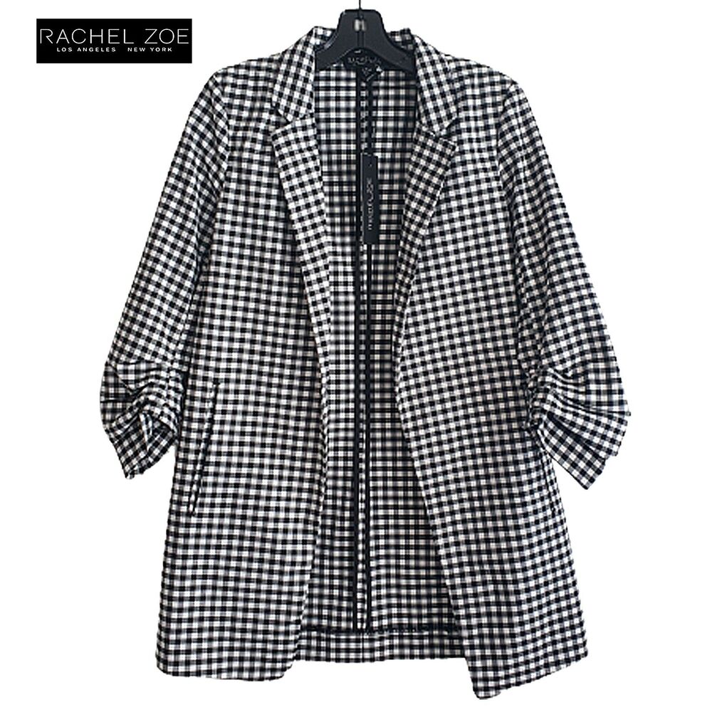 RACHEL ZOE NEW Dark Academia Check Open Front Ruche 3/4-Sleeve Midi Jacket XS